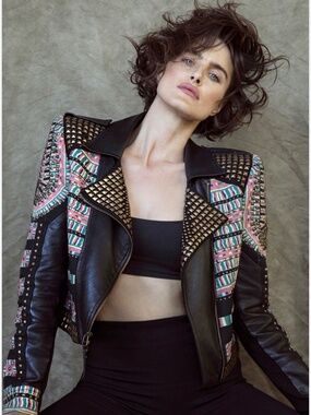 BCBG Max Azria Runway Studded Embroidered Leather Jacket